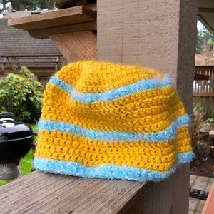 Beanie Boutique hat. Handmade yellow/ light blue
